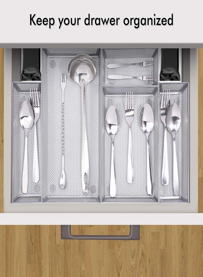 WuGeShop Mesh Silverware Tray Drawer Organizer, Kitchen Utensils Flatware with Anti-slip Mats, Silverware Storage Cutlery Tray for Knives Fork Spoon (5 Separate Compartments, Silver) - Image 3